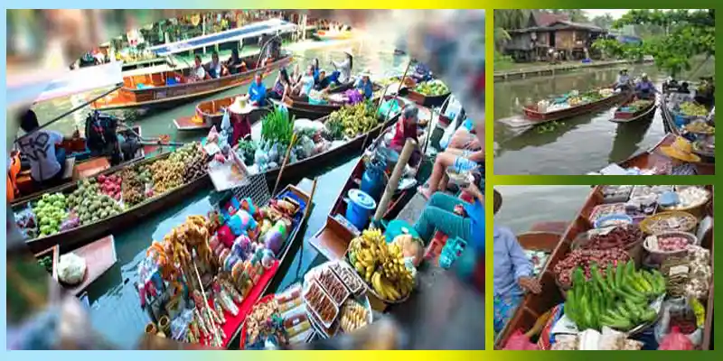 บรรยากาศเรือพายขายของในตลาดน้ำท่าคา