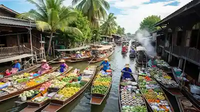 ภาพเรือพายขายของในตลาดน้ำท่าคา