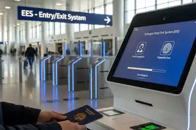 นักเดินทางใช้งานตู้ Kiosk ของระบบ EES อัตโนมัติที่สนามบิน